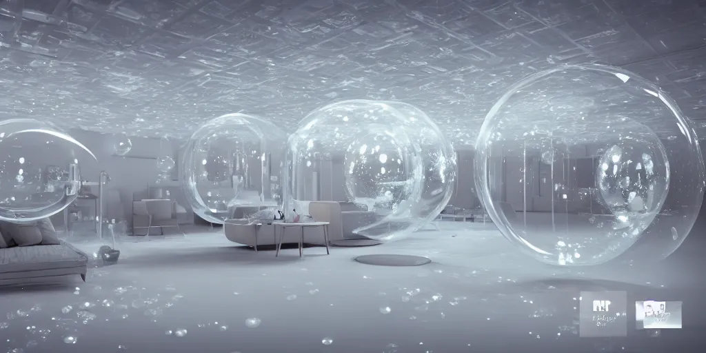 Prompt: bubble palace - type opaque white molecular, molecule, white membrane structure night view flurry 8 k with furniture octan render unreal 5 ， realistic photography