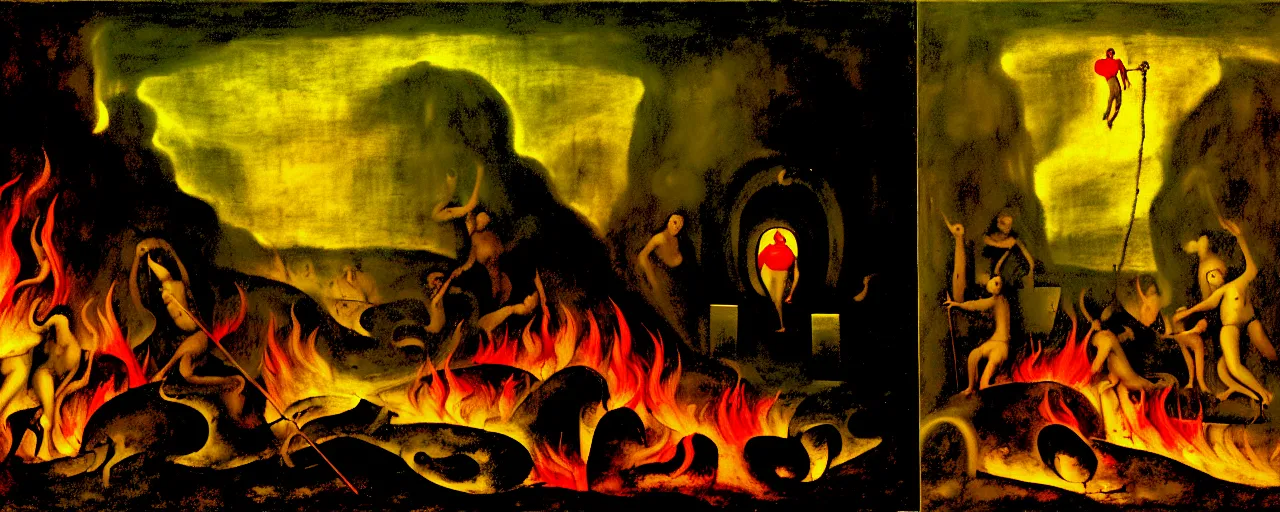 Image similar to trapped on a hedonic treadmill, dark uncanny surreal painting by bosch, dramatic lighting from fire glow, mouth of hell, ixions wheel