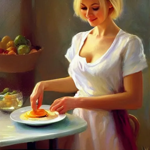 Image similar to young blonde wife making breakfast for her husband, painting by Vladimir Volegov,