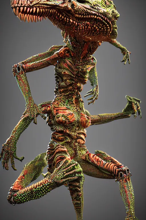 Image similar to hyper-maximalist overdetailed 3d sculpture of a biomechanical reptilian extraterrestrial monster by clogtwo and ben ridgway. 8k. Generative art. Fantastic realism. Scifi feel. Extremely Ornated. Intricate and omnious. Tools used: Blender Cinema4d Houdini3d zbrush. Unreal engine 5 Cinematic. Beautifully lit. No background. artstation. Deviantart. CGsociety. Inspired by beastwreckstuff and jimbo phillips. Cosmic horror infused retrofuturist style. Hyperdetailed high resolution Render by binx.ly in discodiffusion. Dreamlike polished render by machine.delusions. Sharp focus.