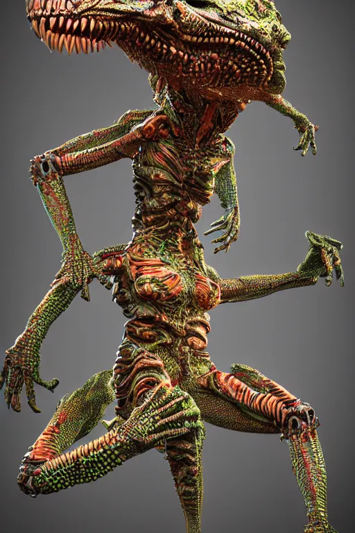 Prompt: hyper-maximalist overdetailed 3d sculpture of a biomechanical reptilian extraterrestrial monster by clogtwo and ben ridgway. 8k. Generative art. Fantastic realism. Scifi feel. Extremely Ornated. Intricate and omnious. Tools used: Blender Cinema4d Houdini3d zbrush. Unreal engine 5 Cinematic. Beautifully lit. No background. artstation. Deviantart. CGsociety. Inspired by beastwreckstuff and jimbo phillips. Cosmic horror infused retrofuturist style. Hyperdetailed high resolution Render by binx.ly in discodiffusion. Dreamlike polished render by machine.delusions. Sharp focus.