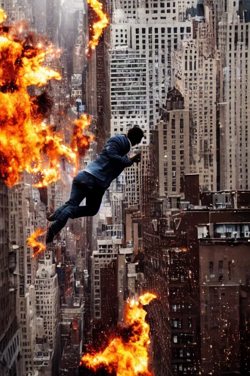 Image similar to !dream a man jumping from a building in New York, explosion