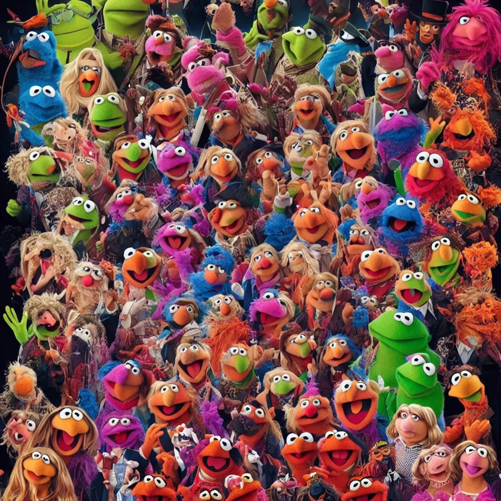 Prompt: muppets in neon fiery underworld