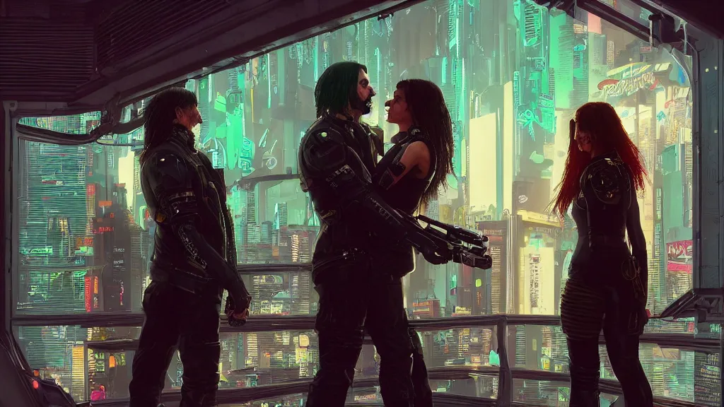 Image similar to a cyberpunk 2077 srcreenshot couple portrait of a Keanu Reeves and a female android final kiss,love,film lighting,by Laurie Greasley,Lawrence Alma-Tadema,Andrei Riabovitchev,Dan Mumford,John Wick,Speed,Replicas,artstation,deviantart,FAN ART,full of color,Digital painting,face enhance,highly detailed,8K,octane,golden ratio,cinematic lighting