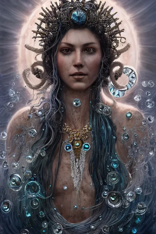 Image similar to a centered render of a wild post apocalyptic goddess with wearing ornate silver and gemstones and crystal clothing surrounded by flowing liquid gallium jellyfish and sacred geometry, perfect body and face, gorgeous, cinematic, beautifully lit, by artgerm, by karol bak, by donato giancola, 3 d, trending on artstation, octane render, 8 k