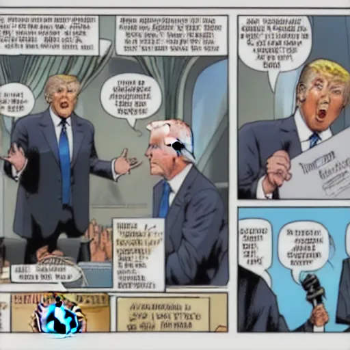 Prompt: Donald Trump superhero striking Joe Biden in Whitehouse