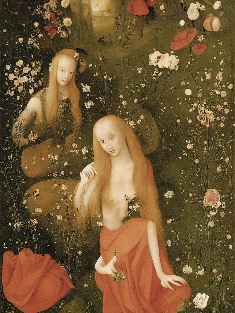 Image similar to elf maiden with long golden hair, wearing alexander mcqueen dress, sitting among flowers in the garden in the style of hieronymus bosch,