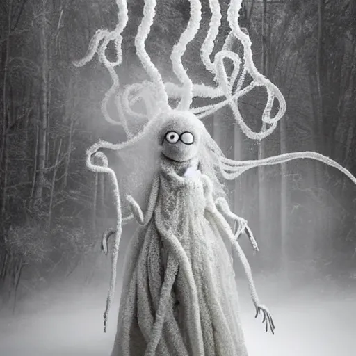 Image similar to humanoid ethereal ghostly live action muppet wraith like figure with a lightbulb jellyfish head with two very long tentacles for arms that flow gracefully at its sides with a long fuzzy snake tail in place of its legs, it stalks around the frozen tundra searching for lost souls and that hide in the shadows in the trees, this character can control the ice, snow, shadows, and electricity, it is a real muppet by sesame street, photo realistic, real, realistic, felt, stopmotion, photography, sesame street