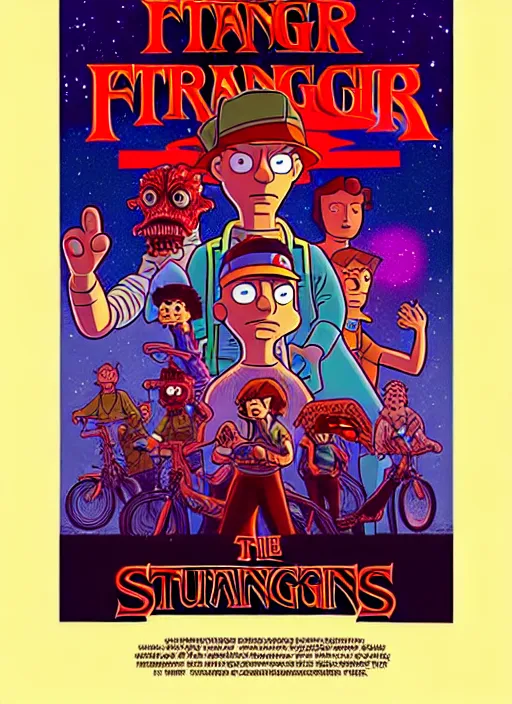 Image similar to scene from the animated version of Futurama Stranger Things with Jim Hopper and Demogorgon, cartoon, detailed faces, high resolution, hyper detailed, intricate, illustrated, dramatic lighting, illustration, concept art, smooth, sharp focus, art by Alphonse Mucha and Matt Groening !n-9