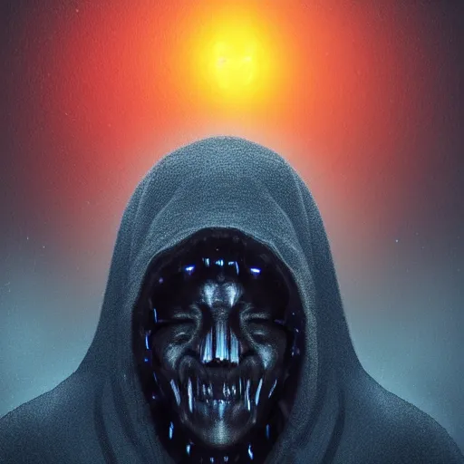 Image similar to award - winning. trending on artstation. 4 k. eerie tone. a faceless astral figure wearing a hooded cape made of the night sky with 1 5 dark blue glowing eyes on its face and rows of teeth on its chest. full - body. portrait.