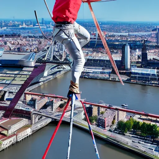 Prompt: tightrope walker above Erasmus bridge, hyperdetailed