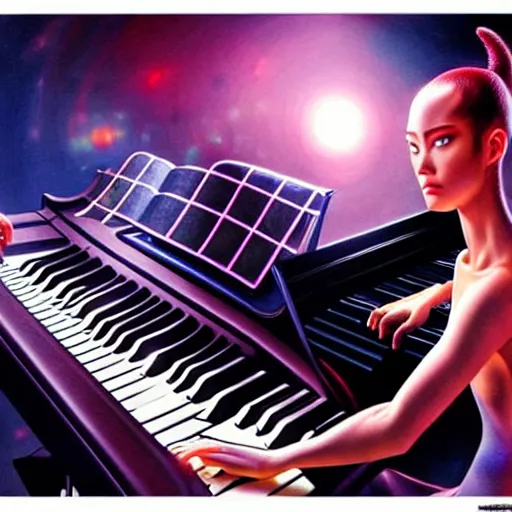 Image similar to a hyperrealistic cyborg playing the piano in a futuristic apartment, award winning art, 8k, highly detailed, sharp focus, cinematic lighting, UHD, in the style of Amano and Ayami Kojima and Karol Bak, art by Mark Brooks and Lisa Frank with vivid colors and crisp details smooth textures