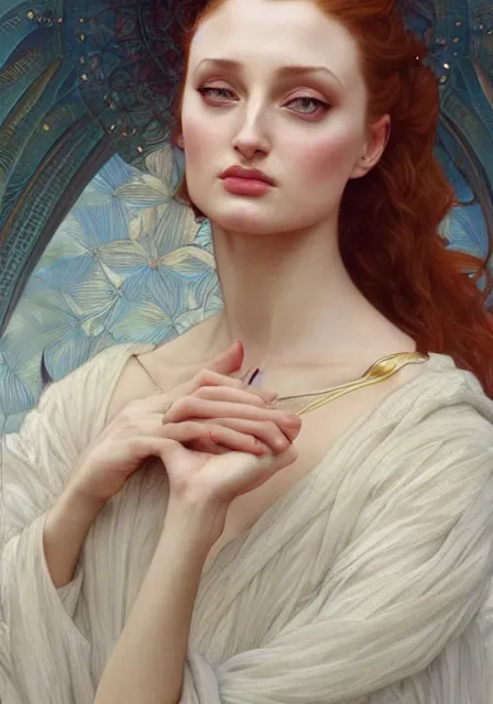 Image similar to sansa angeline jolie, intricate, elegant, highly detailed, digital painting, artstation, concept art, smooth, sharp focus, illustration, art by artgerm and greg rutkowski and alphonse mucha and william - adolphe bouguereau