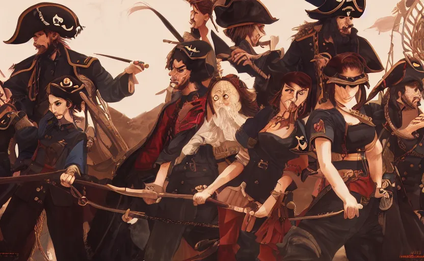 Prompt: a pirate captain commands her crew, digital painting, 4k anime wallpaper, beautiful, gorgeous, intricate and detailed brush strokes