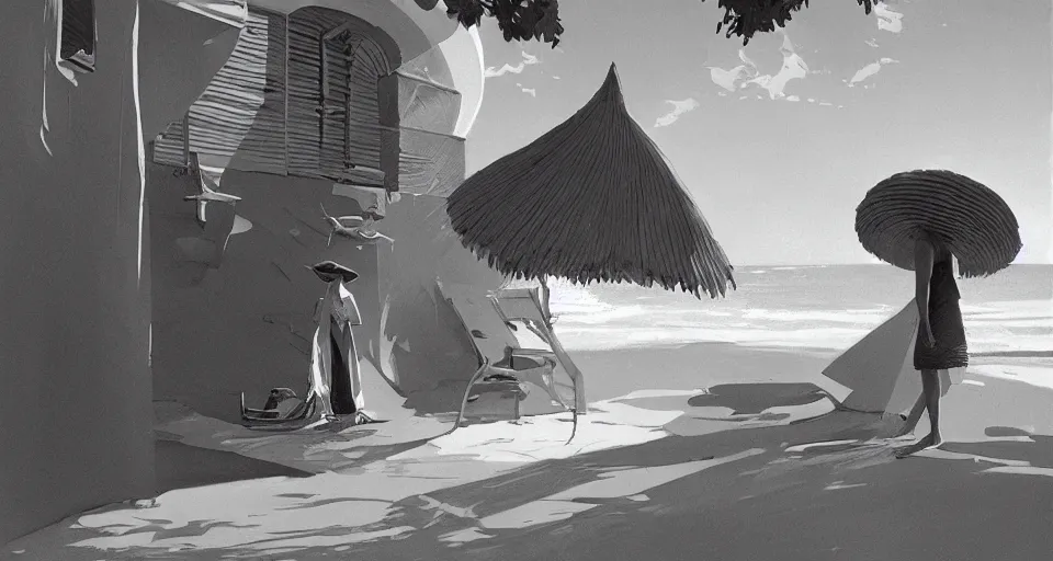 Image similar to a hermit girl outside her seashell home, atmospheric cinematography by syd mead