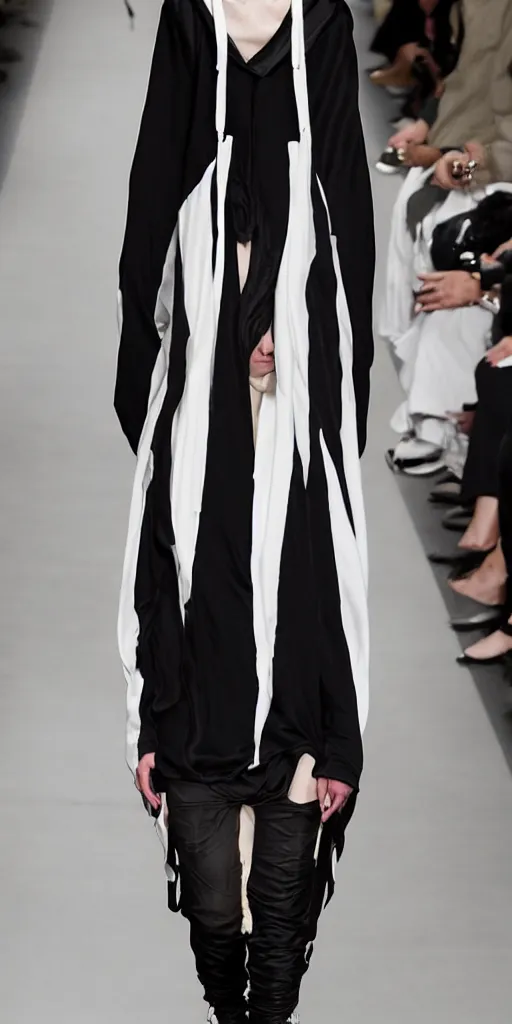 Prompt: ASYMMETRICAL ivory silk hooded top dip-dyed gradient black and ivory with spiky black metal graphic, straitjacket straps and industrial hardware, designed by ann demeulemeester, junya watanabe, jun takahashi, and nancy grossman, 8k, hyperrealistic, desaturated