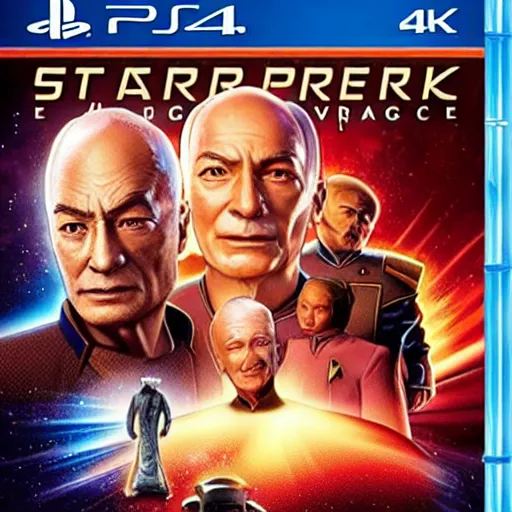 Image similar to video game box art of a ps 4 game called star trek : picard's voyage, 4 k, highly detailed cover art.