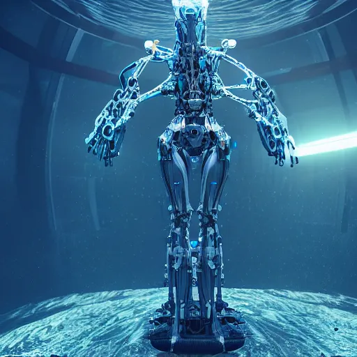 Image similar to biomechanical mecha white mermaid underwater, rays of light. Style of westworld, cables, lights, searchlight, weta digital, octane render, insane details, ultra realistic, beatifully lit, reflections