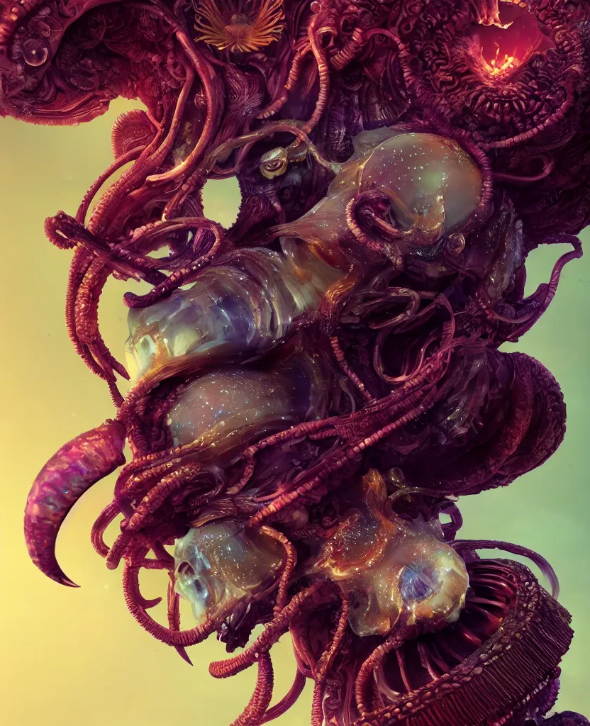 Image similar to goddess close-up portrait ram skull. jellyfish phoenix head, nautilus, orchid, skull, betta fish, bioluminiscent creatures, intricate artwork by Tooth Wu and wlop and beeple. octane render, trending on artstation, greg rutkowski very coherent symmetrical artwork. cinematic, hyper realism, high detail, octane render, 8k