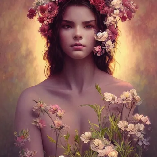 Image similar to surreal beautiful young woman, sitting with flowers, detailed gorgeous face turning into a tree, leaves, dark, ominous, sad eyes, vaporwave aesthetic, synthwave , digital painting, artstation, concept art, smooth, sharp focus, illustration, art by artgerm and greg rutkowski and alphonse mucha