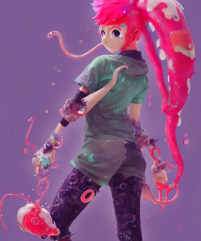 Prompt: a beautiful fullbody portrait of a cute splatoon anime boy with pink tentacle hair wearing tshirt leggings under shorts no glasses character design by cory loftis, fenghua zhong, ryohei hase, ismail inceoglu and ruan jia. artstation, volumetric light, detailed, photorealistic, fantasy, rendered in octane