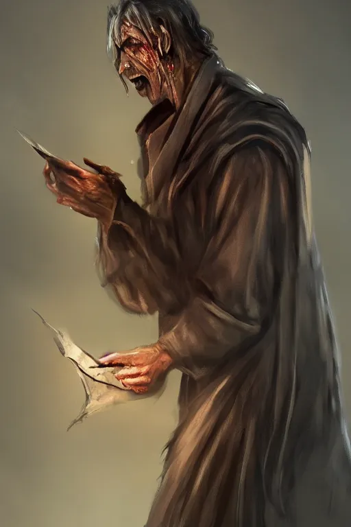 Image similar to A deranged tiny filthy man wearing long dark damaged ripped robes showing a magic paper scroll, camera looking down upon, long fingernails, unclipped fingernails, sharp fingernails, focus on face, sharp focus, digital painting, trending on artstation, concept art, fantasy, medieval