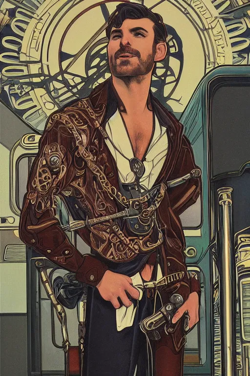 Prompt: a dramatic ethereal epic symmetrical painting of a handsome villainous cowboy standing in front of railroad tracks with a train locomotive | his shirt is unbuttoned and he has a pocketwatch | tarot card, art deco, art nouveau, (steampunk), homoerotic, realistic | by Mark Maggiori and ((Alphonse Mucha)) | trending on artstation