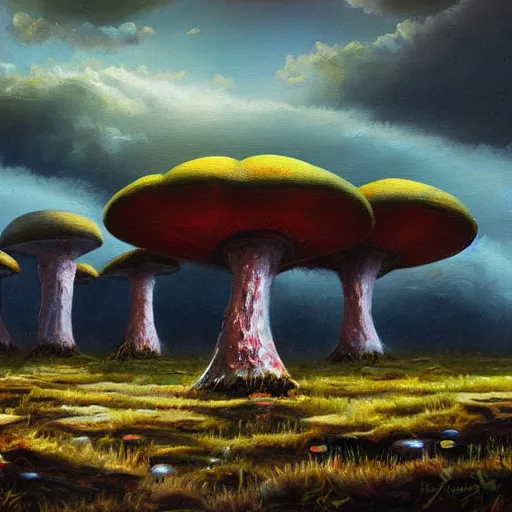 Image similar to alien landscape, oil painting, giant mushrooms, 4k, trending on artstation