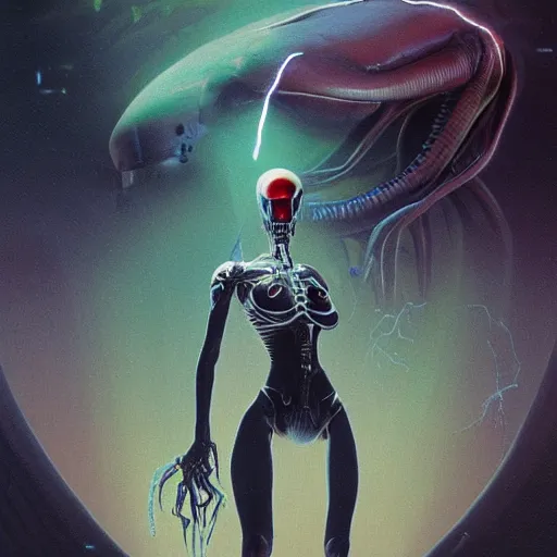 Image similar to a highly detailed 3D portrait of an attractive female cyborg standing holding a strange xenomorphic weapon in a seductive pose ready for battle. Alien spaceship high in the background. Flowing beautiful hair, anatomy portrait, fullbody, symmetrical and science fiction theme with lightning, aurora lighting clouds and stars. Clean and minimal design by beksinski, carl spitzweg, HR Giger and Tuomas Korpi and bouguereau and Zdzislaw Beksinski, good clear quality, lighting, biology, symmetrical artwork, perfect face, 135 mm, cinematic, hyper realism, high detail, octane render, 8k, crimson accents