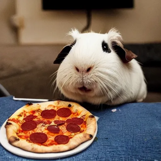 Prompt: A guinea pig eating pizza while watching tv