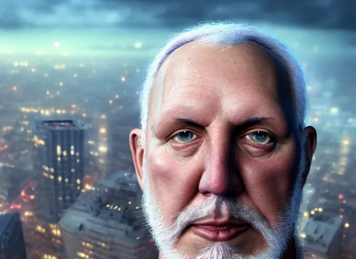 Prompt: facial portrait of greg popovich flying over san antonio, fantasy, super hero art, oil on canvas, octane render, spurs suit, trending on artstation