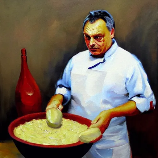 Image similar to viktor orban making sausage, oil painting