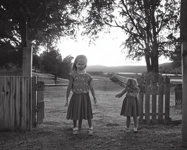 Image similar to Twin girls at iron gate at sunset - black and white photo