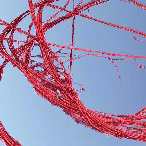 Prompt: 3d image capture of a telescope of ten different universes each a seeming reflection of the other intertwined by a red twine and icicles