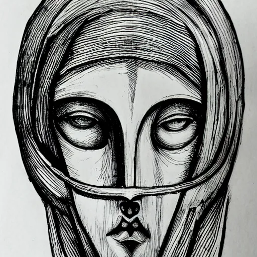 Image similar to an ink drawing of da vinci style white tragedy mask, intimidating glare