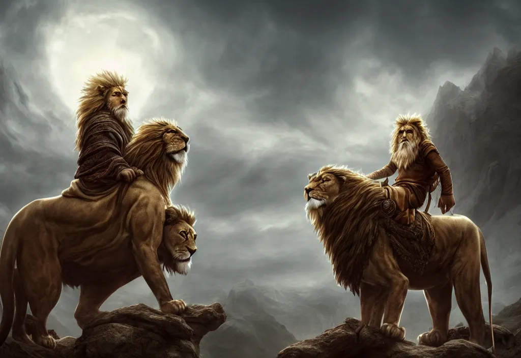 Image similar to alnaqua a hooded wise old man with a long white beard wearing a brown hooded tunic riding on top of a lion, the man riding is on the lion, the wise man is riding on top, majestic, epic digital art, cinematic, trending on artstation, superb detail 8 k, wide - angle, masterpiece