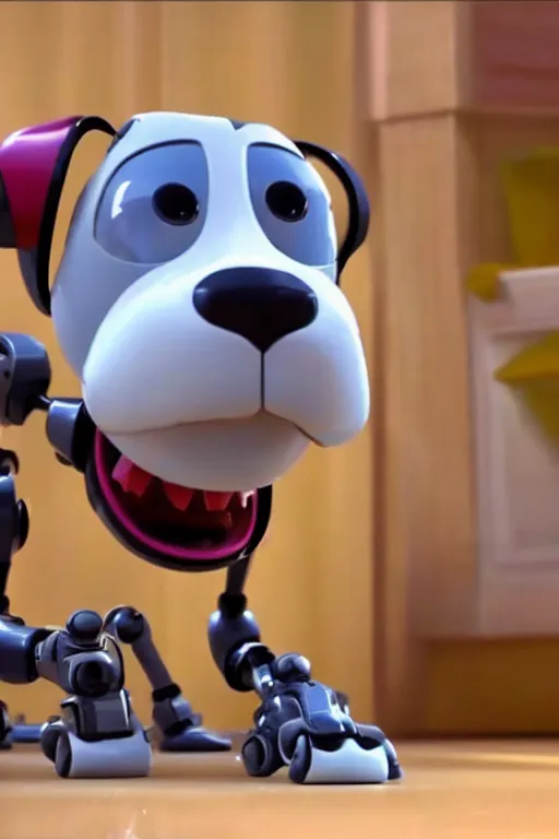 Prompt: Robot dog is trying to bite his own tail. By Disney Pixar 4K render 3d funny animation movie Oscar winning