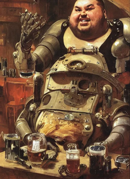 Image similar to head and shoulders portrait of a fat armoured cyborg enjoying himself in a pub, by normal rockwell and greg staples and john singer sargent