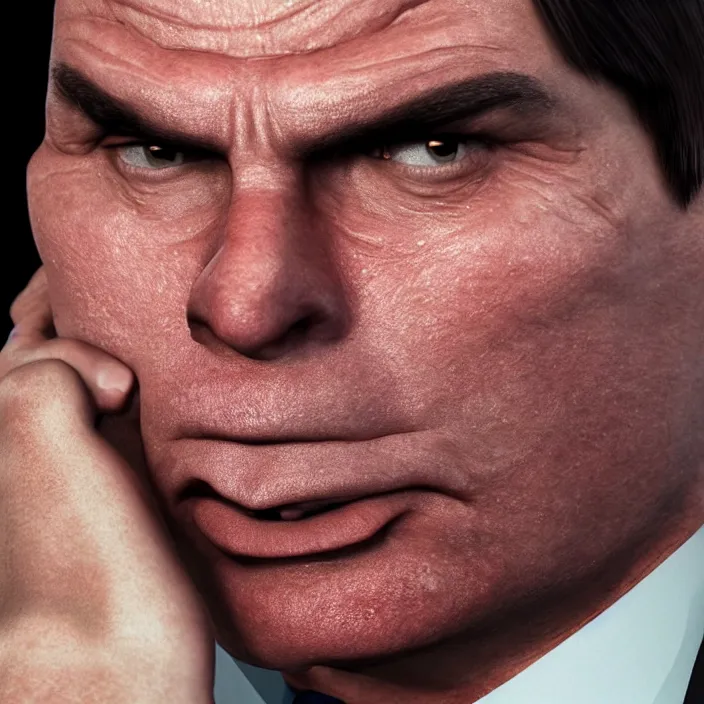 Image similar to photo of Jair Bolsonaro crying looking to workers party , hyper realism, high detail, octane render, 8k, chrome accents
