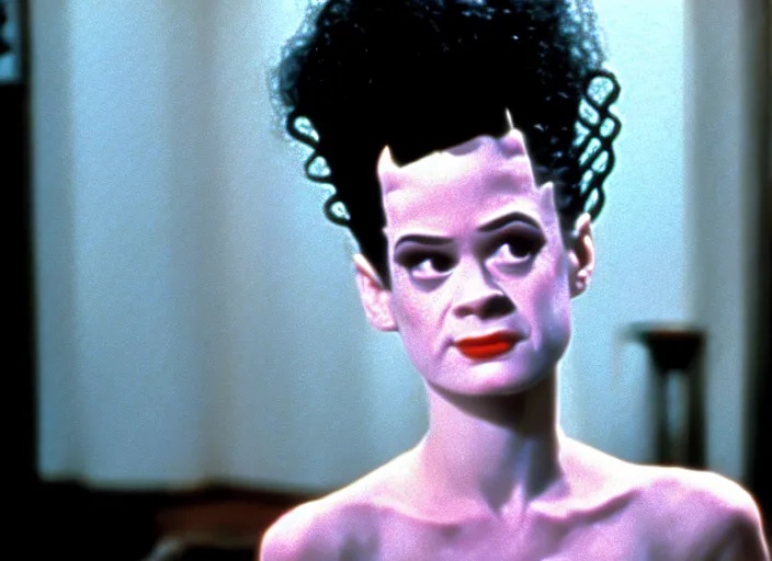 Image similar to bride of frankenstein as a teen, still from john hughes movie sixteen candles