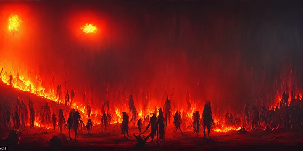 Image similar to repressed emotion creatures and monsters riot in a fiery wasteland, dramatic lighting glow from giant fire, attempting to escape to the surface and start a revolution, in a dark surreal painting by ronny khalil