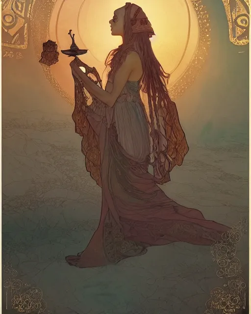 Image similar to bedouin in the desert, highly detailed, gold filigree, romantic storybook fantasy, soft cinematic lighting, award, disney concept art watercolor illustration by mandy jurgens and alphonse mucha and alena aenami, pastel color palette, featured on artstation