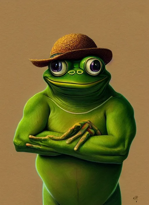 Image similar to depressed pepe the frog!!!, sad, portrait, intricat, highly detailed, digital painting, artstation, concept art, wallpaper, smooth, sharp focus, illustration, art by matt furie and artgerm! and greg rutkowski!! and alphonse mucha