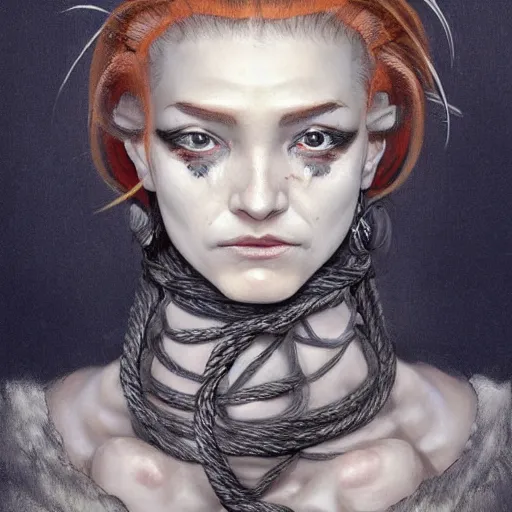 Image similar to portrait of a Shibari rope wrapped face and neck, headshot, insanely nice professional hair style, dramatic hair color, digital painting, of a old 15th century, old cyborg merchant, amber jewels, baroque, ornate clothing, scifi, realistic, hyperdetailed, chiaroscuro, concept art, art by Franz Hals and Jon Foster and Ayami Kojima and Amano and Karol Bak,