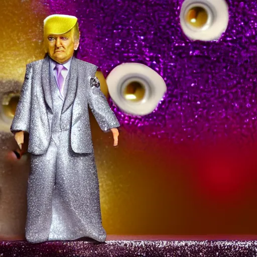 Image similar to Donald Trump with silver-violet hair, white eyes and golden glittery dress, wide lens, diorama, 4k,