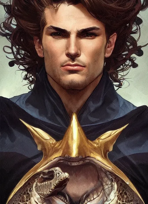 Prompt: a handsome man. he is wearing a dinosaur themed superhero costume. clean elegant painting, beautiful detailed face. by artgerm and greg rutkowski and alphonse mucha
