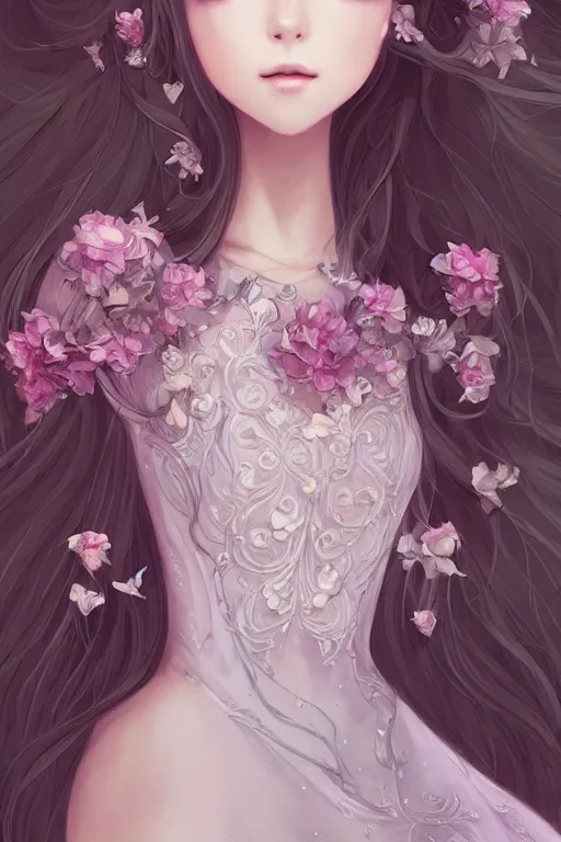 Image similar to romantic and fashion and love princess of the flower with sheath dress, 8 k realistic, teenager girl, baroque, symmetrical, flowing hair, smile, trending pinterest and pixiv, muted colors, hyperrealistic, l close up shot, character concept art, face by kyoung hwan kim, alexandra fomina, ilya kuvshinov