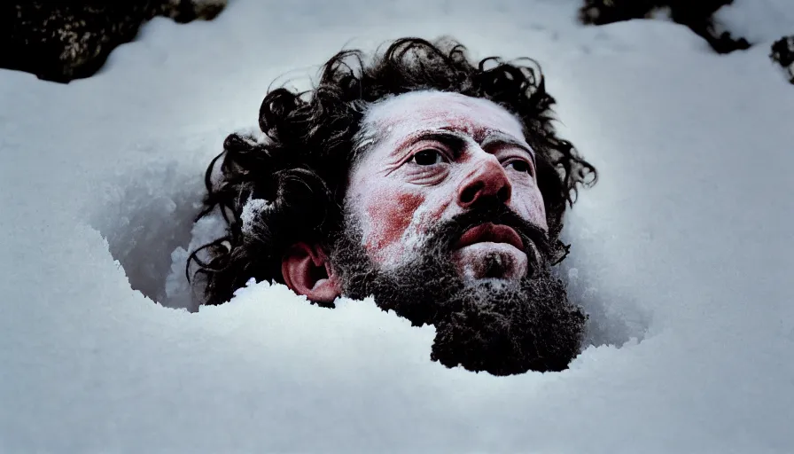 Image similar to 1 9 6 0 s movie still close up of marcus aurelius dirty face frozen to death under the snow on a river's shore with gravel, pine forests, cinestill 8 0 0 t 3 5 mm, high quality, heavy grain, high detail, texture, dramatic light, anamorphic, hyperrealistic, detailed hair foggy