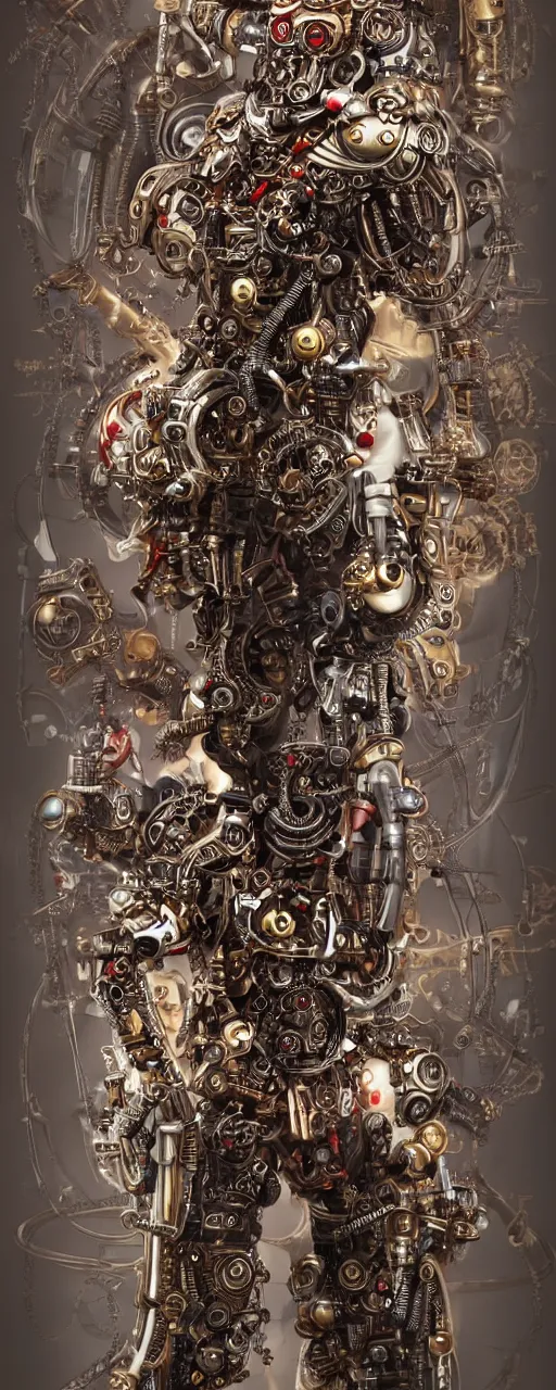 Image similar to full body portrait of a steampunk sci-fi cyborg pirate bionic man, third person, D&D, sci-fi fantasy, cogs and springs and jewels, intricate, gold with black and red fringe highlights, highly detailed, art by Range Murata, highly detailed, 3d, octane render, bright colors, digital painting, trending on artstation, sharp focus, illustration style of Stanley Artgerm, dramatic cinematic background