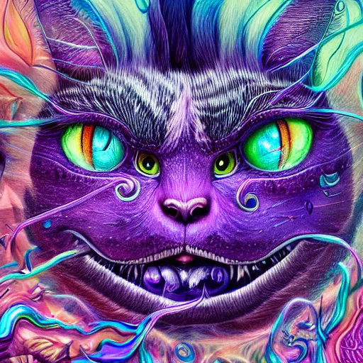 Image similar to An extremely psychedelic portrait of The Cheshire Cat, surreal, LSD, face, detailed, intricate, elegant, lithe, highly detailed, digital painting, artstation, concept art, smooth, sharp focus, illustration